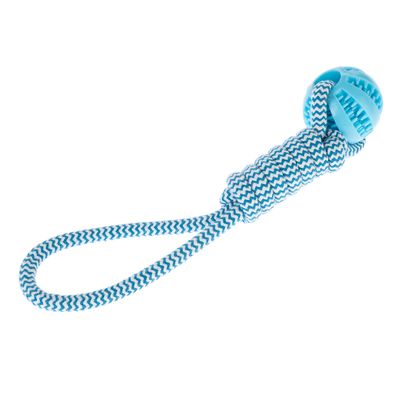 Giocattolo in corda blu e bianca con maniglia e palla blu con scanalature.