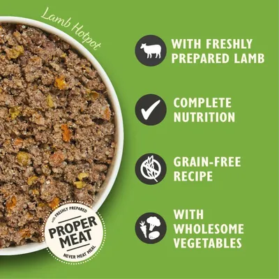 Lamb Hotpot with freshly prepared lamb, complete nutrition, grain-free recipe and wholesome vegetables. Label states 'Proper Meat, never meat meal'.