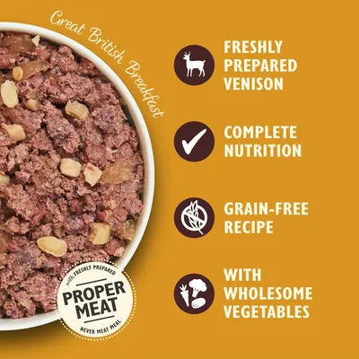 Freshly prepared venison, complete nutrition, grain-free recipe, with wholesome vegetables. Proper meat with freshly prepared ingredients, never meat meal.