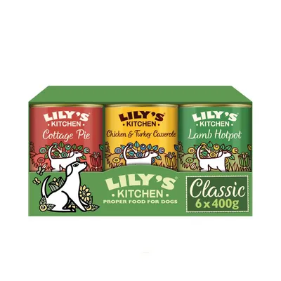 Lily's Kitchen Classic pack with three flavours: Cottage Pie, Chicken & Turkey Casserole, and Lamb Hotpot. Pack contains 6 tins of 400g each. Proper food for dogs.