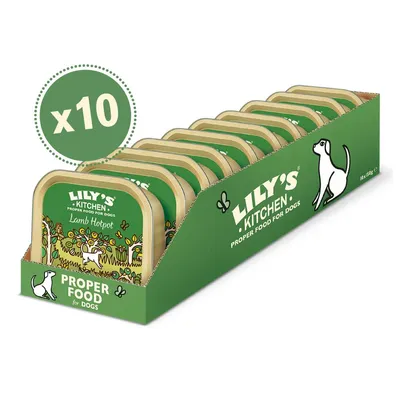 Pack of 10 Lily's Kitchen Lamb Hotpot trays, labelled as proper food for dogs, displayed in green packaging.