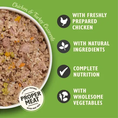 Chicken and turkey casserole with freshly prepared chicken, natural ingredients, complete nutrition, wholesome vegetables, and proper meat, never meat meal.