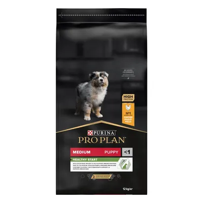 Purina Pro Plan Medium Puppy -kuivaruokapakkaus, 12 kg. Tekstit: HIGH PROTEIN, NO1 ingredient chicken, MEDIUM, PUPPY, HEALTHY START, alle 1-vuotiaille, ei lisättyjä väriaineita.
