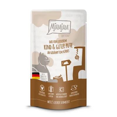 MjAMjAM Squeezy Pouches 12 x 125g - Duo of Tasty Beef & Good Turkey with Steamed Pumpkin