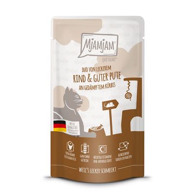 MjAMjAM Squeezy Pouches 12 x 125g Duo of Tasty Beef & Good Turkey with Steamed Pumpkin