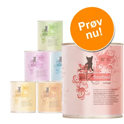 Catz finefood dåsemad til katte, varianter N° 3, 5, 7, 9, 11 vises. Stor orange cirkel med teksten 'Prøv nu!'. Synlig tekst på emballagen: Catz finefood, Geflügel. Catz finefood dåsemad til katte, varianter N° 3, 5, 7, 9, 11 vises. Stor orange cirkel med teksten 'Prøv nu!'. Synlig tekst på emballagen: Catz finefood, Geflügel.