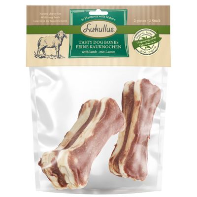 Lukullus Tasty Dog Bones feine Kauknocken mit Lamm, 2 Stück. Ursprünglicher Geschmack, fettarm, für schöne Zähne.
