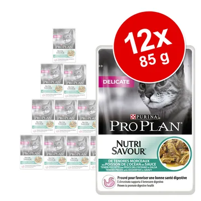 Purina Pro Plan Nutri Savour Delicate kissan märkäruoka, 12 x 85 g annospussit. Pakkauksessa kuva kissasta ja teksti: tender pieces with oceanfish in gravy.