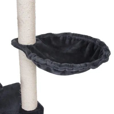 Kratzbaum mit dunkelgrauer Hängematte und Sisal umwickeltem Stamm, geeignet für Katzen zum Entspannen oder Kratzen.