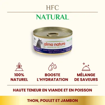 almo nature HFC Natural, boîte thon, poulet et jambon. 100 % naturel, booste l’hydratation, mélange de saveurs, haute teneur en viande et poisson. Texte en anglais et italien visible.