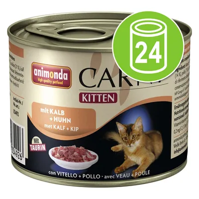 animonda Carny Kitten natvoer, met kalf en kip, 24 blikken. Op het etiket: afbeelding van een kitten, stukjes vlees, tekst 'mit Kalb + Huhn', 'Mit Taurin'.