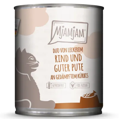 Mjamjam Duo von leckerem Rind und guter Pute an gedämpftem Kürbis, texte en allemand, icônes : sans céréales, riche en viande, illustration de chat et gamelle.