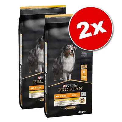 Lot de 2 sacs Purina Pro Plan All Sizes Adult Light/Sterilised, 14 kg chacun. Visuel d’un chien sur l’emballage, mentions High Protein et No1 poulet visibles.