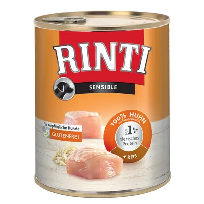 Rinti Sensible hrană pentru câini, fără gluten, pentru câini sensibili, 100% pui în conținutul de carne, doar 1% proteină animală, cu orez.