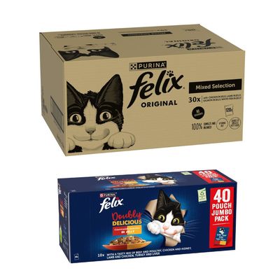 Box labelled Felix Original Mixed Selection, 30 portions with chicken in jelly, lamb in jelly, salmon in jelly, white fish in jelly. No colourants, 100% complete and balanced.