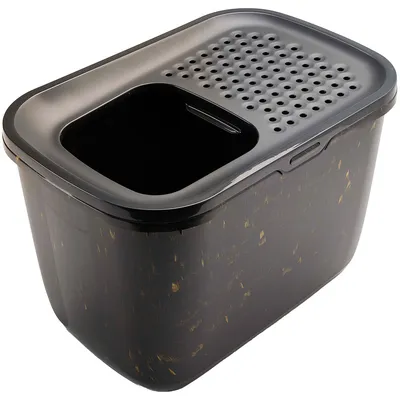 Toaletă pentru pisici neagră cu capac perforat și intrare laterală, design modern.