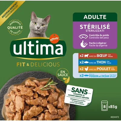 ultíma Fit & Delicious adulte stérilisé en sauce, 8 x 85 g, avec bœuf, thon, poulet, poisson de l’océan, sans colorants ni conservateurs ajoutés, contrôle du poids, facile à digérer.