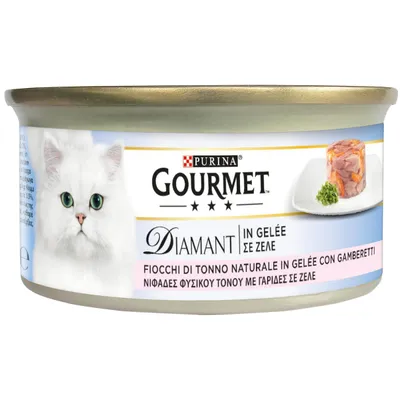 Purina Gourmet Diamant i gelé, naturlige tunfiskeflager med rejer. Dåsekattemad med hvid kat og serveret produktbillede.