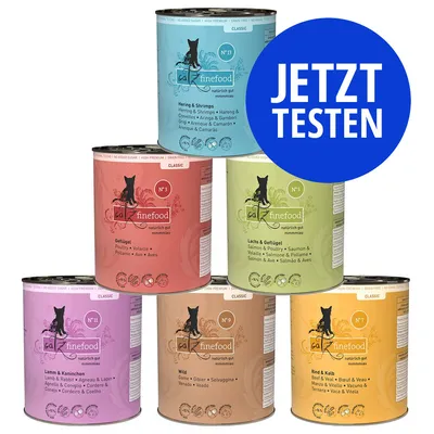 catz finefood Classic Nassfutter in verschiedenen Sorten: Hering & Shrimps, Geflügel, Lachs & Geflügel, Lamm & Kaninchen, Wild, Rind & Kalb. Button mit Text 'Jetzt testen'. catz finefood Classic Nassfutter in verschiedenen Sorten: Hering & Shrimps, Geflügel, Lachs & Geflügel, Lamm & Kaninchen, Wild, Rind & Kalb. Button mit Text 'Jetzt testen'.