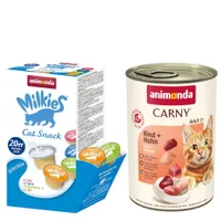 animonda Kombi-Paket: 12 x 400 g Carny Adult + 20 x 15 g Milkies Selection - Rind & Huhn + Milkies Snack (4 Sorten)