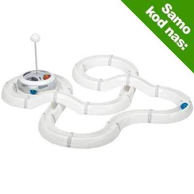 Bijela plastična staza za igru s kuglicama i oprugom s lopticom, natpis u kutu: Samo kod nas