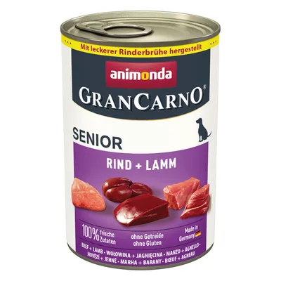 Animonda GranCarno Senior govedina + janjetina, s ukusnim goveđim temeljcem, 100% svježi sastojci, bez žitarica i glutena, proizvedeno u Njemačkoj.