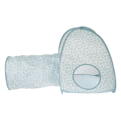Lektält med tunnel, ljusblå design med bladmönster och rund öppning. Passar för husdjur att leka eller gömma sig i.