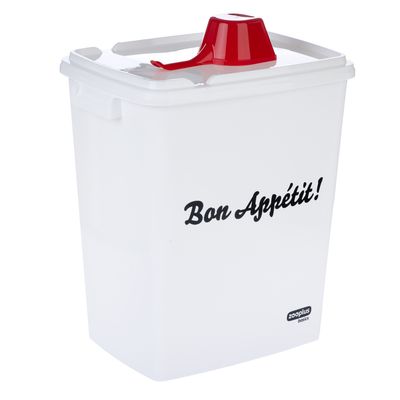 Weisser Futterbehälter mit rotem Deckel und der Aufschrift 'Bon Appétit!' sowie Zooplus Basics Logo.