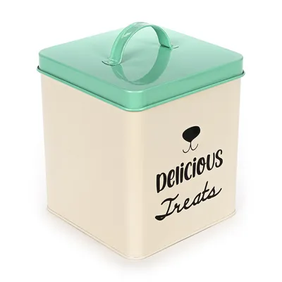 Beżowe metalowe pudełko z zieloną pokrywką i napisem 'Delicious Treats', idealne do przechowywania smakołyków.