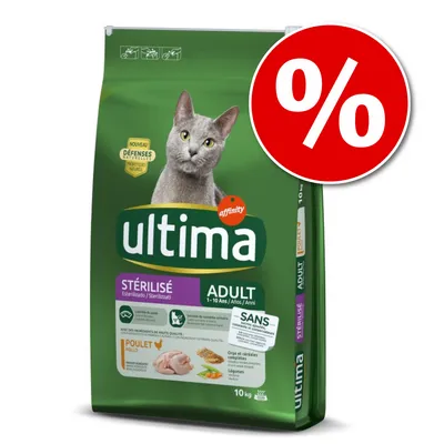 Sac de croquettes Ultima Sterilisé Adult 1–10 ans, poulet, 10 kg, pour chat, avec visuel d’un chat gris et pastille promotionnelle rouge avec symbole pourcentage.