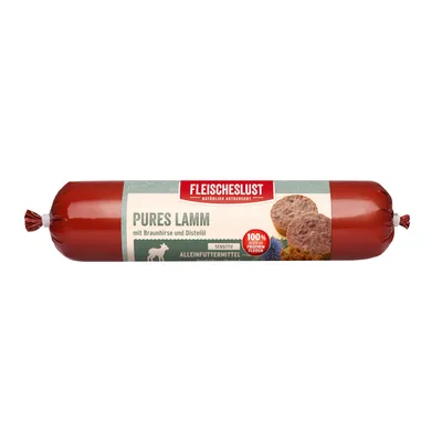 Fleischeslust Puro agnello con miglio bruno e olio di cartamo, alimento completo sensibile, carne lavorata fresca al 100%.
