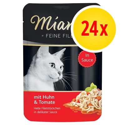 Miamor Feine Filets mit Huhn & Tomate -kastikepussi, 24x. Pakkauksessa valkoinen kissa ja annos kana-tomaattikastiketta. Teksti: In Sauce, Helle Filetstückchen in delikater Sauce. Miamor Feine Filets mit Huhn & Tomate -kastikepussi, 24x. Pakkauksessa valkoinen kissa ja annos kana-tomaattikastiketta. Teksti: In Sauce, Helle Filetstückchen in delikater Sauce.