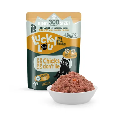 Lucky Lou Geflügel mit Karotte & Kürbis, King 300 Gramm, für Senioren. Grain free, ohne Zuckerzusatz, 94% Fleisch, Made in Germany. Lucky Lou Geflügel mit Karotte & Kürbis, King 300 Gramm, für Senioren. Grain free, ohne Zuckerzusatz, 94% Fleisch, Made in Germany.