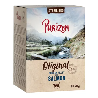 Purizon Sterilised Original Chicken Fillet med lax, 6 x 70 g. Högkvalitativa ingredienser med 14 % kyckling och 45 % fisk. Förpackningen visar ett landskapsmotiv.