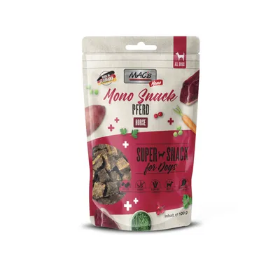 MAC's Mono Snack Pferd Horse, Super Snack for Dogs, sachet de 100 g avec morceaux visibles. Made in Germany, pictogrammes chien, sans céréales, mono-protéine, adapté à tous les chiens.