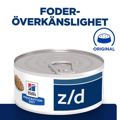 Hill's Prescription Diet z/d våtfoderburk, text: Foderöverkänslighet, Original. Bild på burken med etikett och öppningsflik synlig.