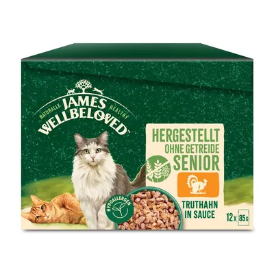 James Wellbeloved Senior comida para gatos, sin cereales, pavo en salsa, hipoalergénico, paquete de 12 x 85g. James Wellbeloved Senior comida para gatos, sin cereales, pavo en salsa, hipoalergénico, paquete de 12 x 85g.