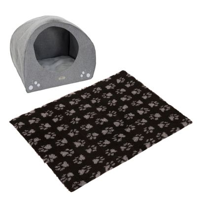 Grå katt- eller hundkoja i tyg med kudde, svart filt med tassavtrycksmönster. Röd cirkel med vit procent-symbol visar rabatt.