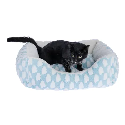 Gato negro tumbado en una cama para gatos azul claro con estampado de nubes blancas y acolchado suave.