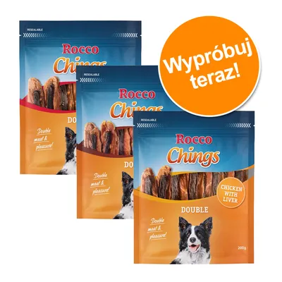 Rocco Chings Double, Chicken with Liver, 200 g. Napis: Double meat & pleasure! Pomarańczowe koło z tekstem: Wypróbuj teraz!