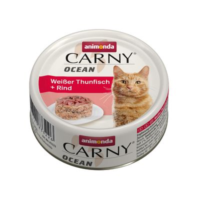 Animonda Carny Ocean witte tonijn + rund, kattenvoer in blik met afbeelding van een kat en geserveerd product.