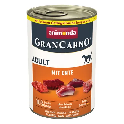 Animonda GranCarno Adult with duck, 100% fresh ingredients, grain and gluten free, made with poultry broth, Made in Germany.