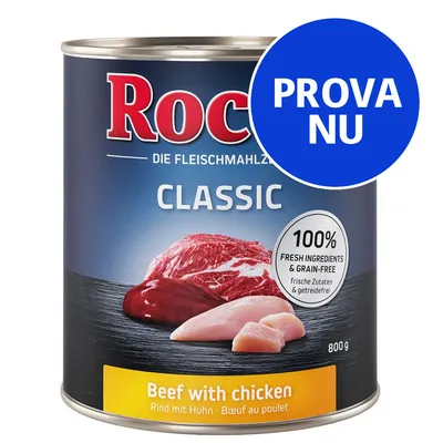 Prova nu. Rocco Classic Beef with chicken, 800 g burk. Text: 100% fresh ingredients & grain-free. Bild på kött och kyckling. Märkt med 'Rind mit Huhn' och 'Bœuf au poulet'.