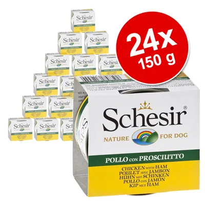 Pachet 24 x 150 g Schesir Nature for Dog, Pollo con Prosciutto (pui cu jambon), cutii prezentate în piramidă. Text vizibil: Chicken with Ham, Pollo con Jamón, Huhn mit Schinken.