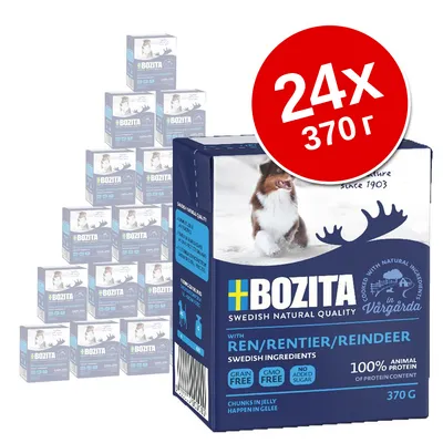 Упаковка Bozita с олениной для собак, 24×370 г. Видны надписи: 100% animal protein, grain free, GMO free, no added sugar, chunks in jelly. На упаковке изображён пёс.