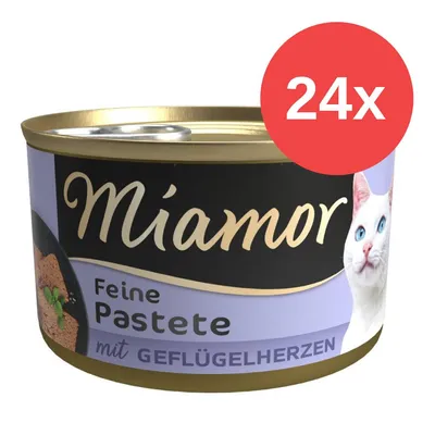Miamor Feine Pastete mit Geflügelherzen, 24x Dose, lila Verpackung mit weißer Katze abgebildet.