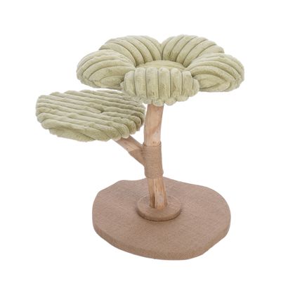 Arbre à chat avec deux plateformes en peluche verte, structure en bois clair et base recouverte de tissu beige. Plateformes en forme de fleurs visibles.