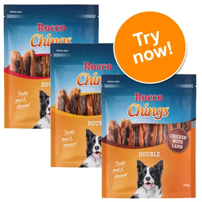 Rocco Chings Double Chicken with Lamb, resealable 200g packs, visible text: Double meat & pleasure!, Try now! Border Collie image on packaging. Rocco Chings Double Chicken with Lamb, resealable 200g packs, visible text: Double meat & pleasure!, Try now! Border Collie image on packaging.
