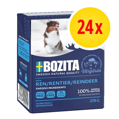 Confezione Bozita Swedish Natural Quality con renna, 24x370g, 100% proteine animali, senza cereali, OGM e zuccheri aggiunti. Testo in inglese e svedese visibile sull'imballaggio. Confezione Bozita Swedish Natural Quality con renna, 24x370g, 100% proteine animali, senza cereali, OGM e zuccheri aggiunti. Testo in inglese e svedese visibile sull'imballaggio.