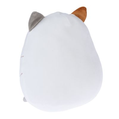 Bílý, kulatý plyšový polštář se dvěma oušky v šedé a hnědé barvě.